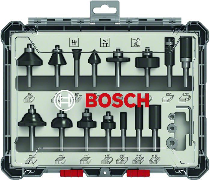 Bosch 15-teiliges Fräser-Set, 1/4-Zoll Schaft. Für Handfräsen