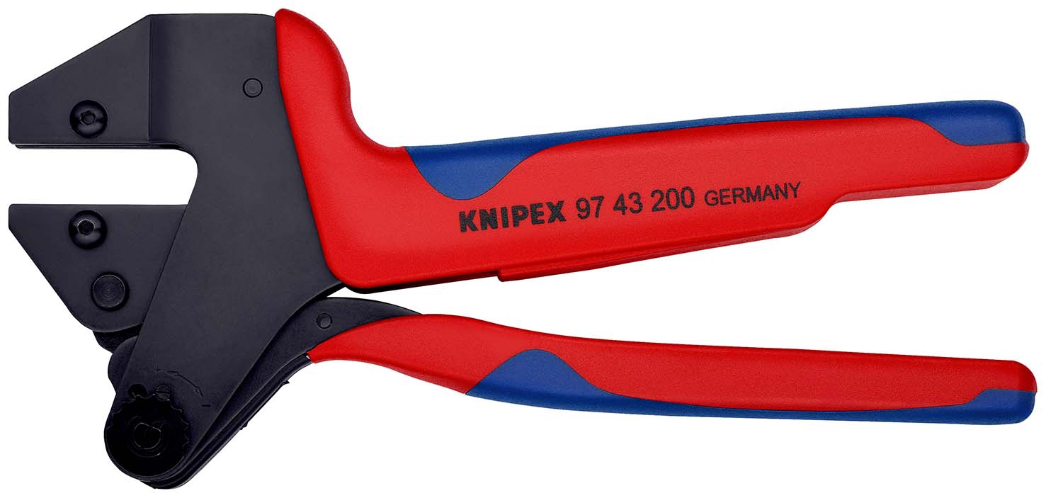 KNIPEX 97 43 200 A Crimp-Systemzange für auswechselbare Crimpeinsätze mit Mehrkomponenten-Hüllen brüniert 200 mm (SB-Karte/Blister)