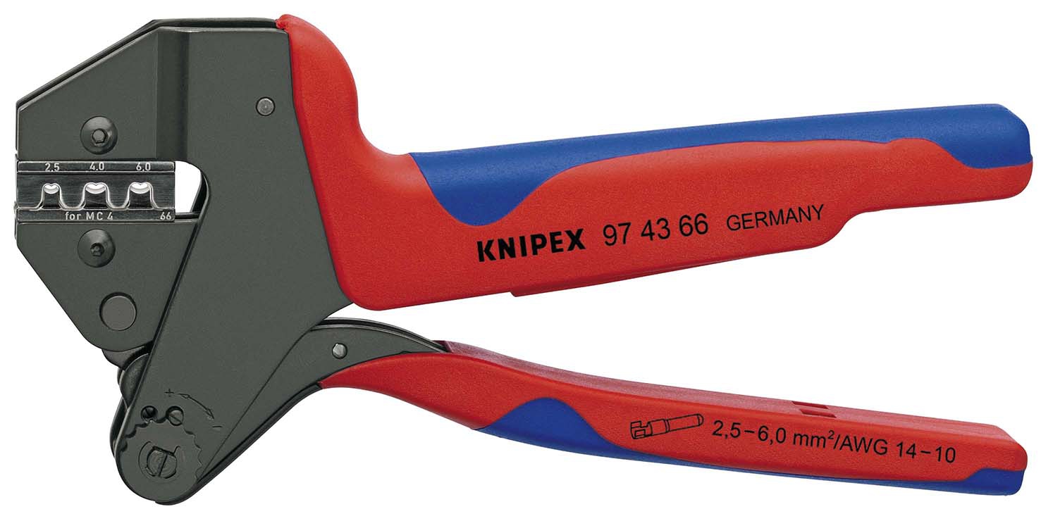 KNIPEX 97 43 66 Crimp-Systemzange für auswechselbare Crimpeinsätze Crimp-Systemzange für MC4 Multi-Connect-Verbinder (bis 6 mm²) mit Mehrkomponenten-Hüllen brüniert 200 mm