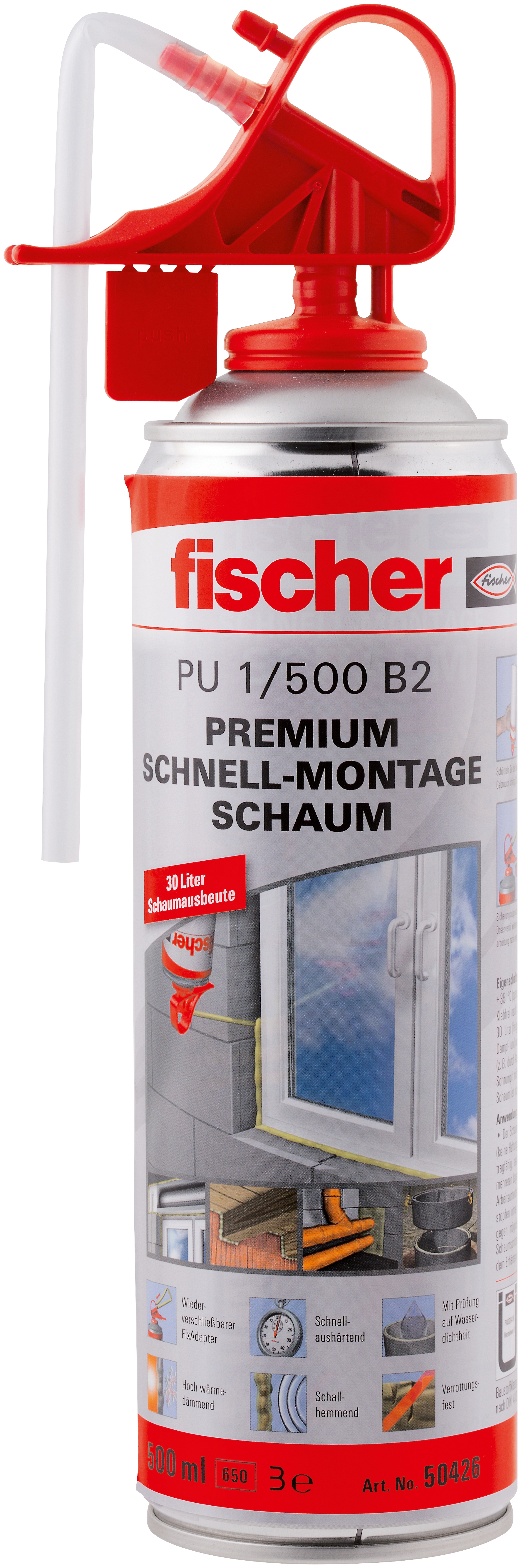 Fischer PU 500 Premium. Hochwertiger Montageschaum mit dem wiederverwendbaren Fix-Adaptersystem.