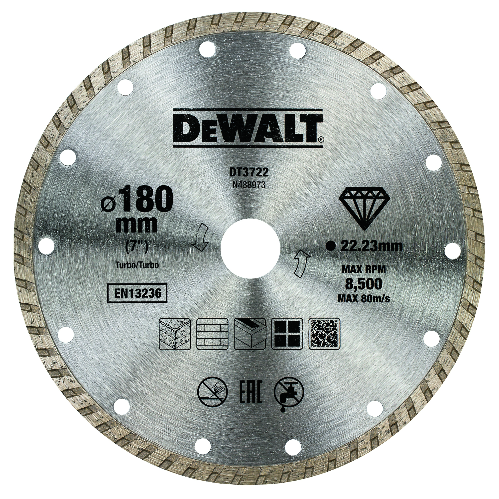 Dewalt DT3722-QZ,  Diamanttrennscheibe Eco1 Turbo 180mm, Diamantentrennscheibe: Allgemeine Baustellenmaterialien (Sauberer Schnitt) 180mm Ø