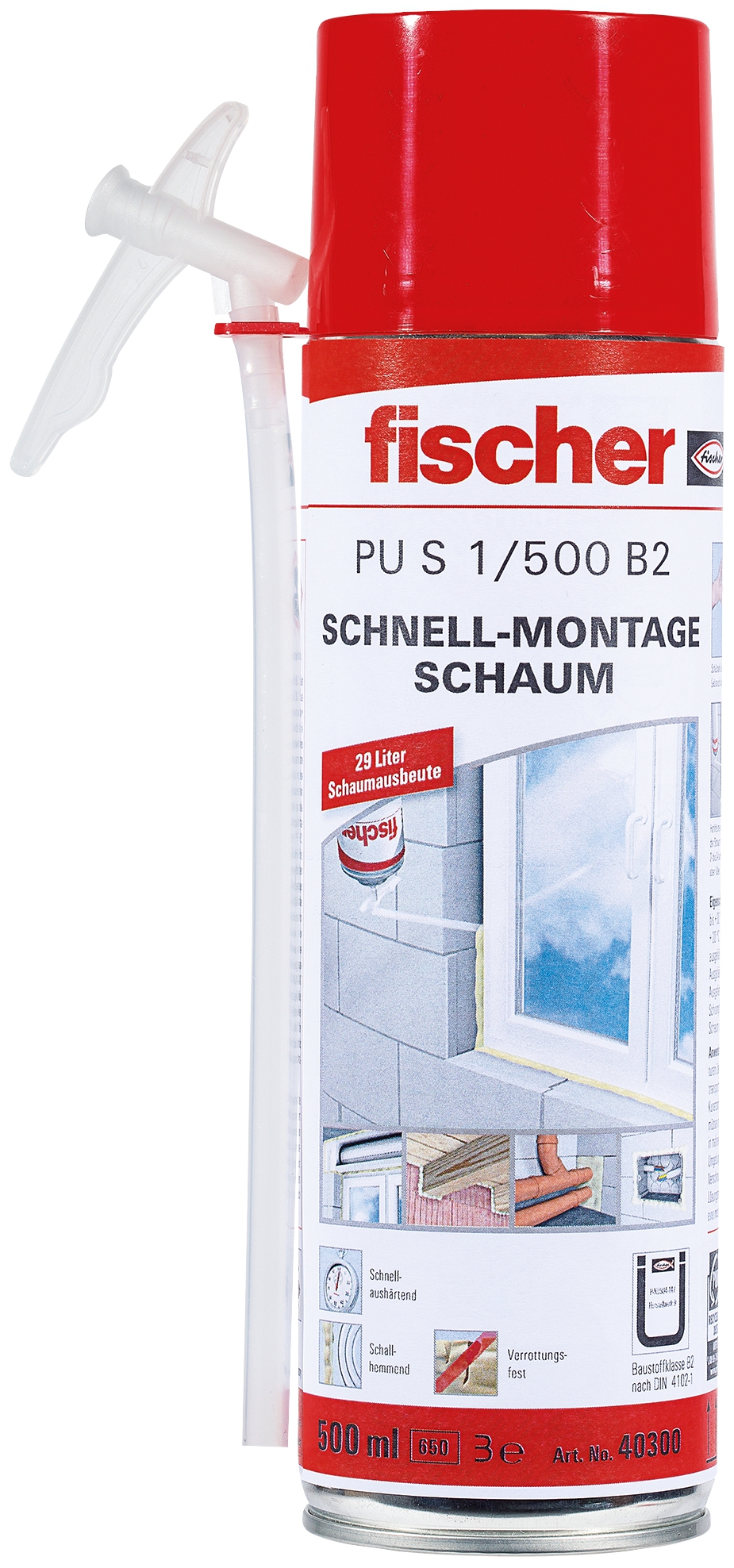 Fischer PU S 500. Der Schnellmontageschaum mit geprüfter Schalldämmung und Wasserdruckbeständigkeit für den Profi.