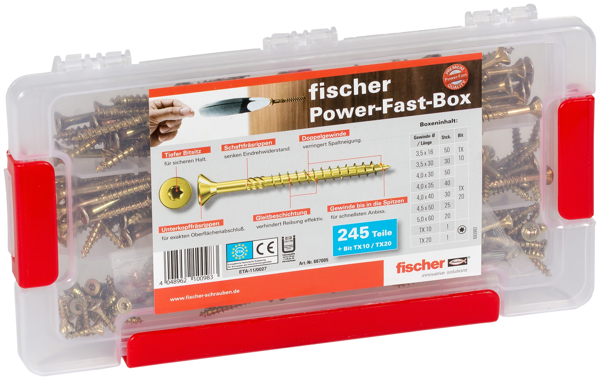 Fischer FAB FPF ST YZ 245 P. Sortimentsbox mit Premium-Spanplattenschraube mit schnellem Anbiss.